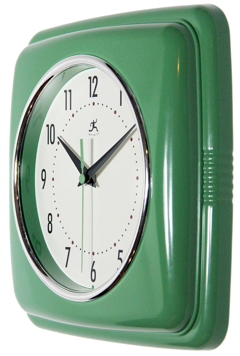 Infinity Instruments Square Silent Retro 9 inch Mid Century Modern Kitchen Diner Retro Wall Clock Quartz Sweep Movement (Green) - Image 3